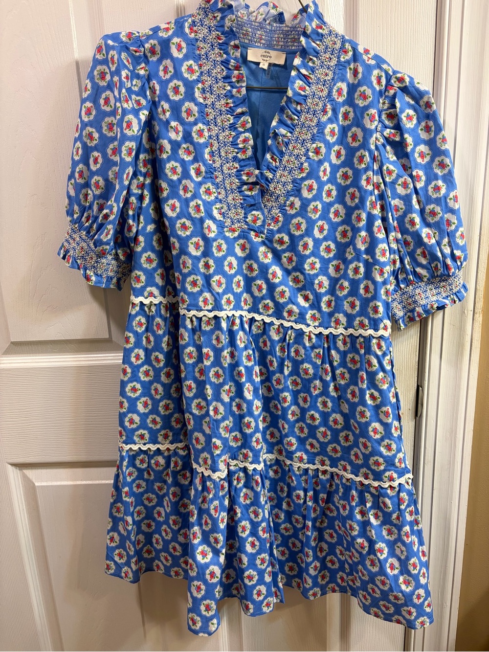 Blue Floral Tiered Dress with Ruffle Trim